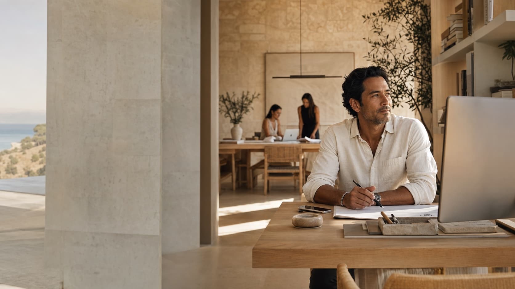 A business owner working in a calm, modern Southern California studio